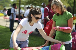 A member of Alpha Phi volunteers at "Week of Welcome," an event designed to incorporate incoming freshmen into campus life at IU Southeast.