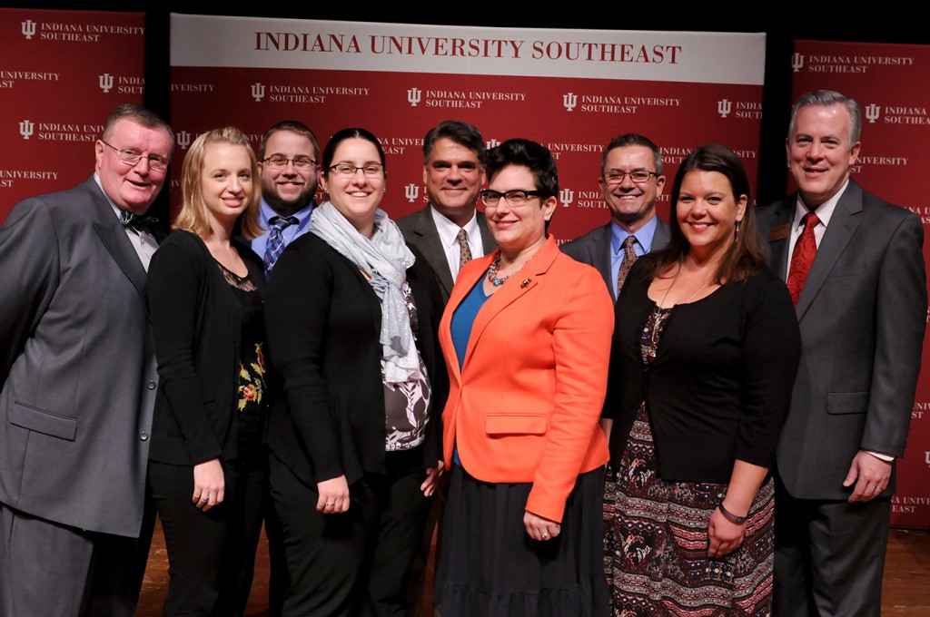 Seven members of the IU Southeast faculty and staff were awarded for their contributions to the university. (L to R) Chancellor Ray Wallace, 