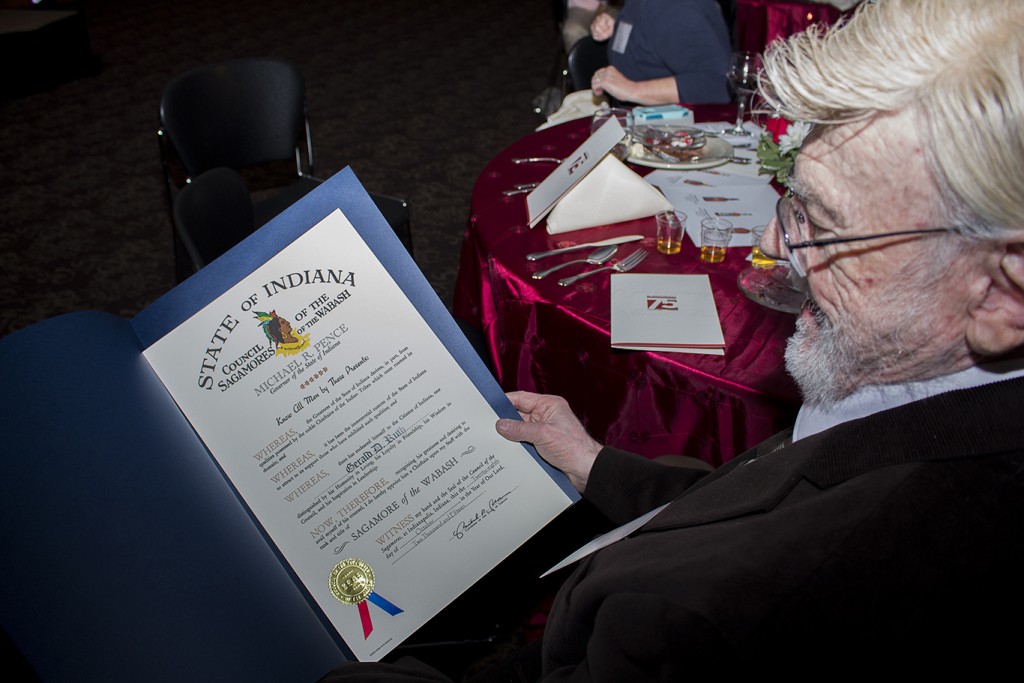 Dr. Gerald Ruth holds his Sagamore of the Wabash certificate, the highest honor awarded by the governor of Indiana.