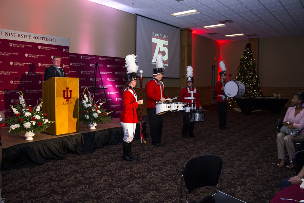Chancellor Ray Wallace introduces the IU Southeast band during the 75th Anniversary and Campaign Kick Off celebration.