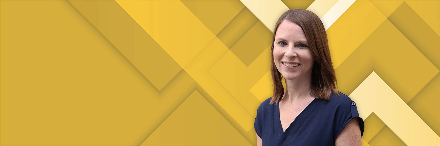Interim Vice Chancellor of Administration and Finance Ashley McKay on a yellow geometric background