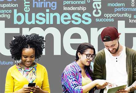 Students looking at job listing on phones
