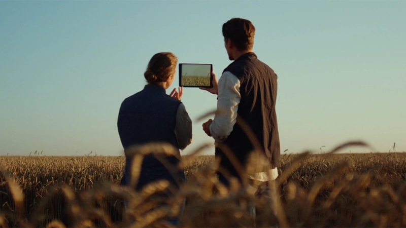 Agriculture workers holding tablet computer inspecting cultivated wheat harvest.