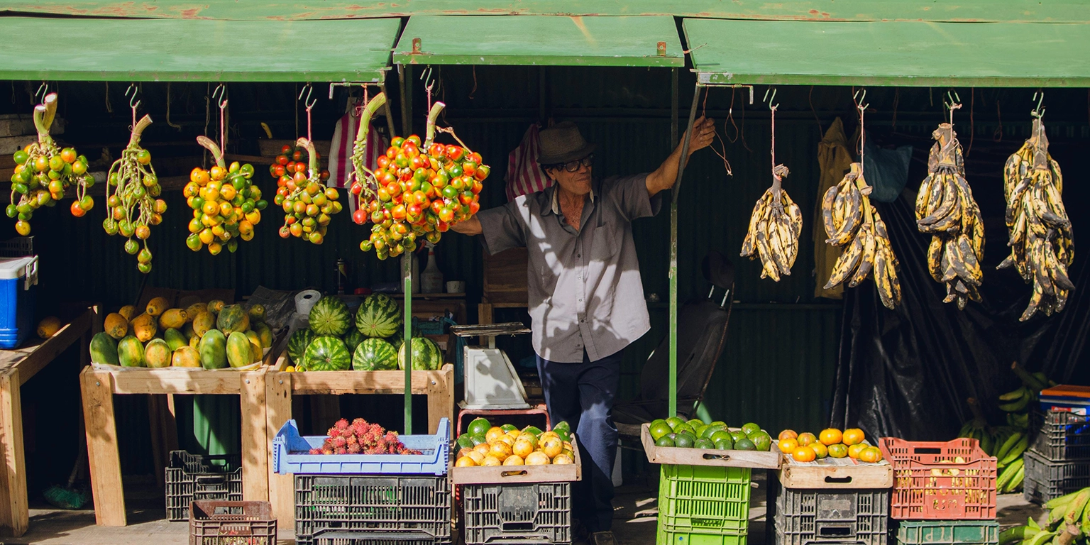 Outdoor market stall with fresh fruits on display and an older man standing and looking out toward the street.
