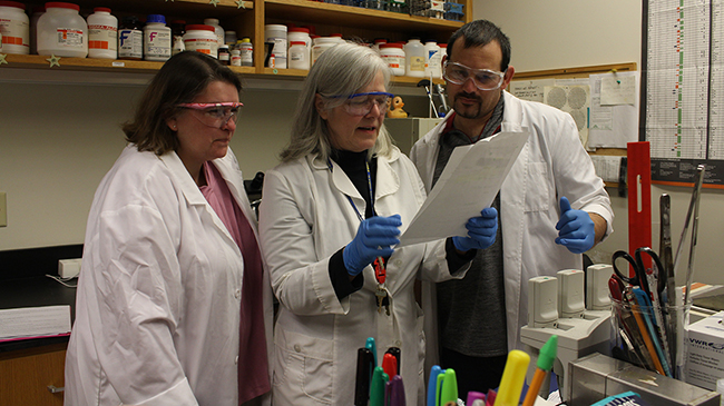 Dr. Gretchen Kirchner with students in lab.