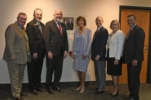 (L to R) Chancellor Ray Wallace, Vice Chancellor Dana Wavle, IU Vice President John Applegate, Patty Cress, IU Foundation Jonathan Purvis, Vice Chancellor Betty Russo and Director of Development David DeWitt at the Cress Lobby dedication at the Ogle Center on April 14, 2018.