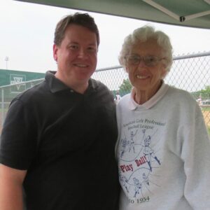 Ryan Woodward poses with Shirley “Hustle” Burkovich, a former infielder, outfielder and pitcher who played from 1949-1951 in the All-American Girls Professional Baseball League.