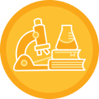 Indiana University 2030 Strategic Plan icon for transformative research and creativity, showing an outline of a microscope, beaker and textbooks.